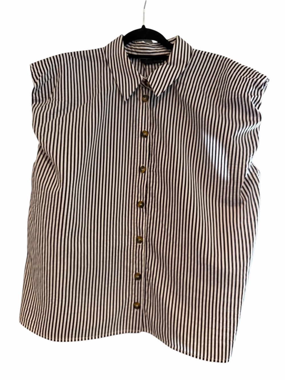 Zara Burgundy and White Vertical Stripe Button-Down Sleeveless Blouse